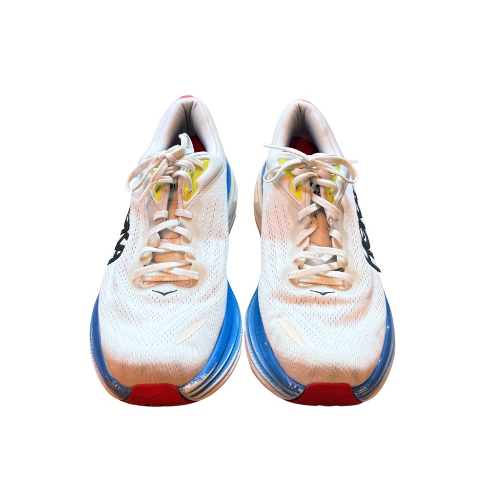 HOKA Bondi 8 Men’s Running Shoes Size 12.5 D Blue/White Worn Heel Damage - Picture 4 of 11